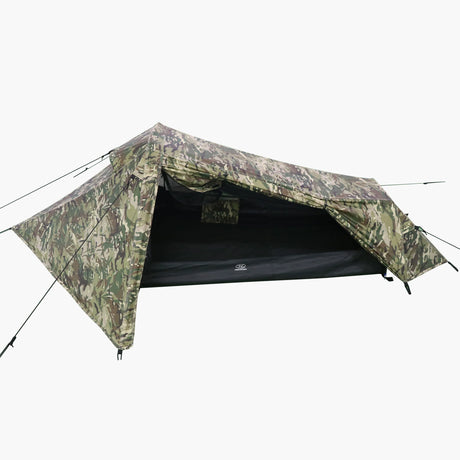 Highlander Blackthorn 1 Tent Gen2 in HMTC Camo - angled view showing pitched tent