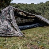 Highlander Blackthorn 1+ Tent Gen2 in HMTC Camo - porch open showing inner tent and sewn-in groundsheet