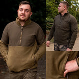 Jack Pyke Bleasdale Half Zip Fleece Top in dark mustard and dark olive on men outdoors