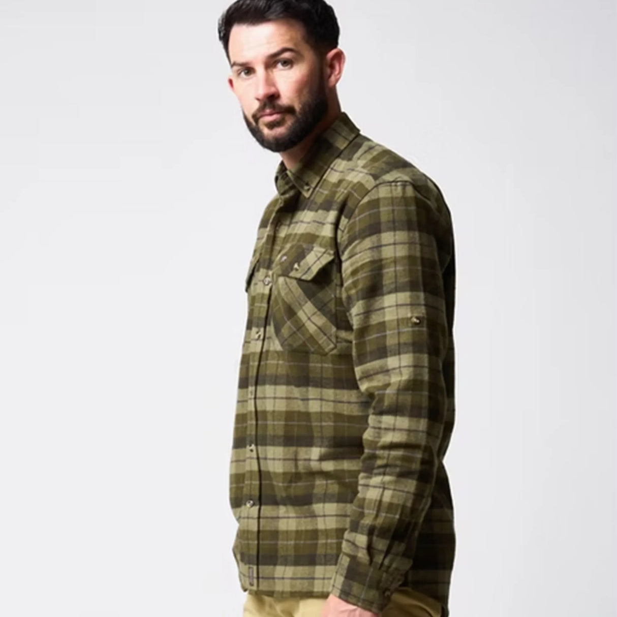 Jack Pyke Bleasdale Heavy Flannel Shirt in green check from the side on white background