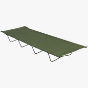 Highlander Lightweight Camping Bed - assembled camp bed showing olive green fabric sleeping surface and black steel folding legs on white background