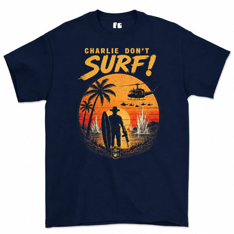 Charlie Don't Surf Vietnam era retro Printed T-Shirt - Navy Blue