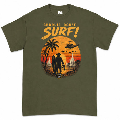 Charlie Don't Surf Vietnam era retro Printed T-Shirt - Olive Green