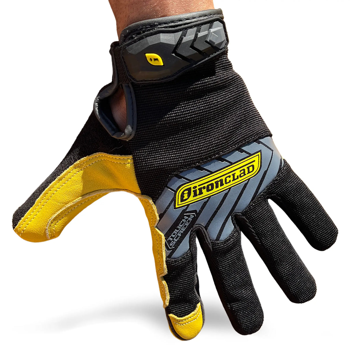 Ironclad Command Pro Leather Gloves in Black/Gold - front view showing Ironclad knuckle panel and goatskin leather palm on white background