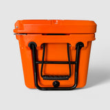 Handle end of the orange Orbie 55 cool box, with the folding steel tow handle, rope loop and screw-out drain plug