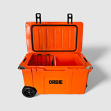 Orbie 55 cool box in orange open, showing the lid gasket, wire basket, white divider and steel corner hinges