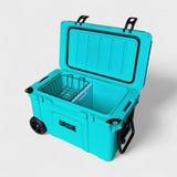 Orbie 55 cool box in turquoise open at an angle, showing the wire basket, white divider and folding steel tow handle
