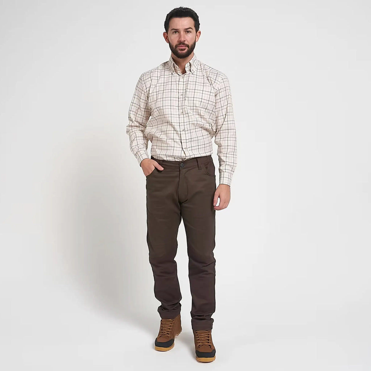 Jack Pyke Cotton Stretch Trousers in Olive Brown from the front at distance on white background