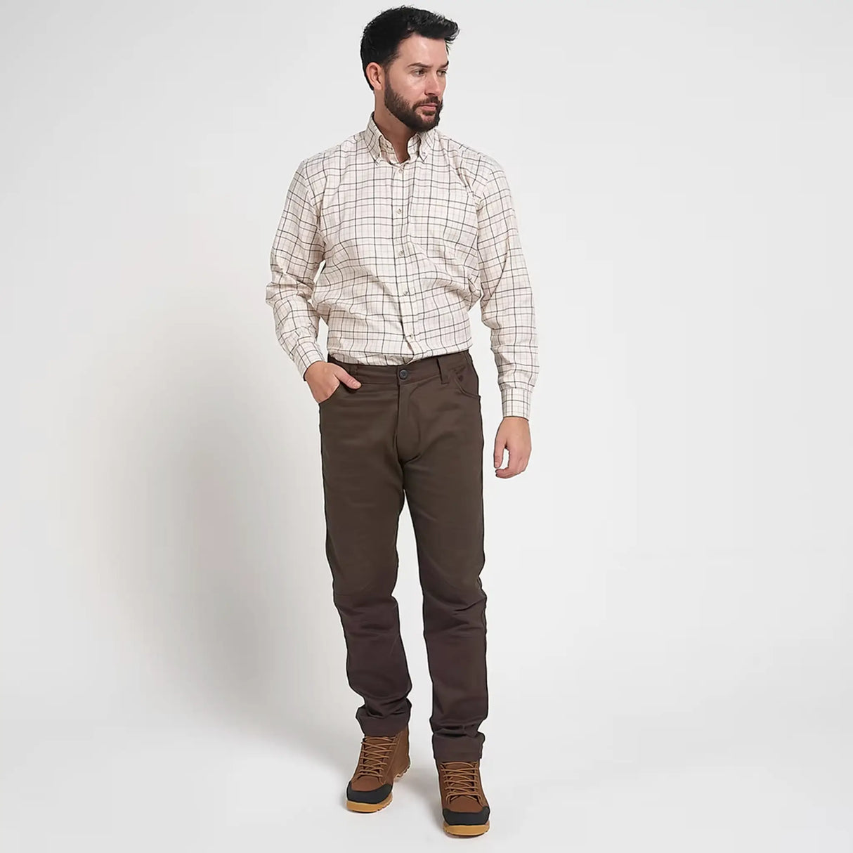 Jack Pyke Cotton Stretch Trousers in Olive Brown from the front at distance on white background