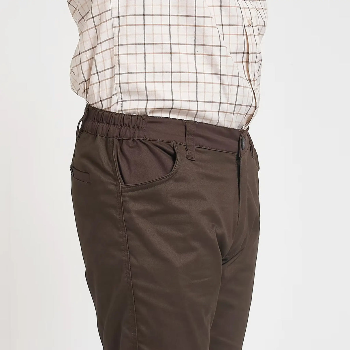 Jack Pyke Cotton Stretch Trousers in Olive Brown close up of stretch waistband