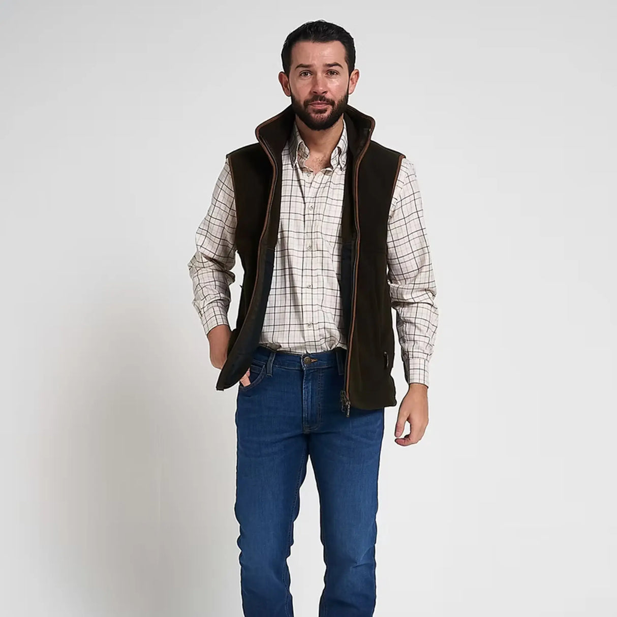 Jack Pyke Countryman Fleece Gilet in Dark Olive Green from the front zip open on white background