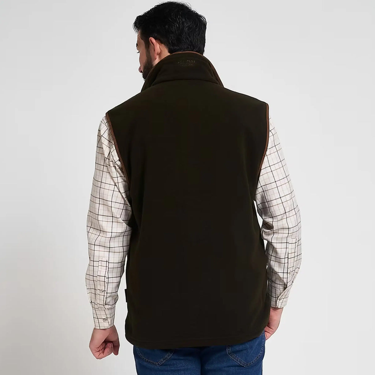 Jack Pyke Countryman Fleece Gilet in Dark Olive Green from the back on white background