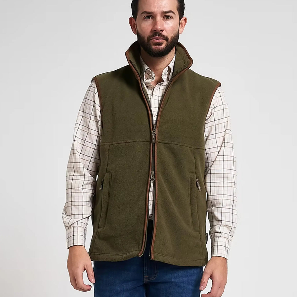 Jack Pyke Countryman Fleece Gilet in Light Olive Green from the front zip half open on white background