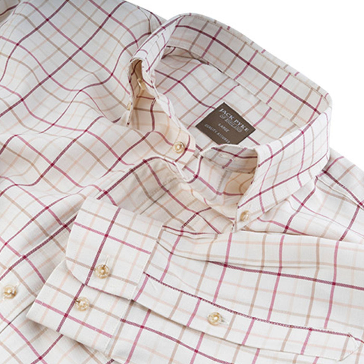 Jack Pyke Countryman Shirt in burgunsy check close up of collar and cuffs