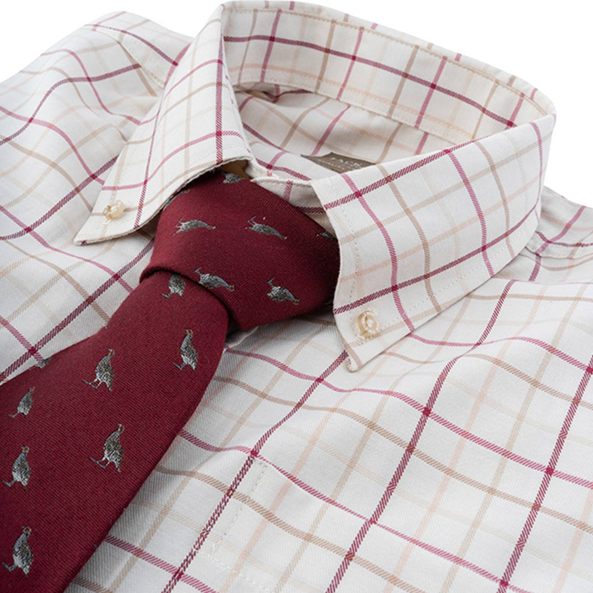 Jack Pyke Countryman Shirt in burgunsy check close up with tie