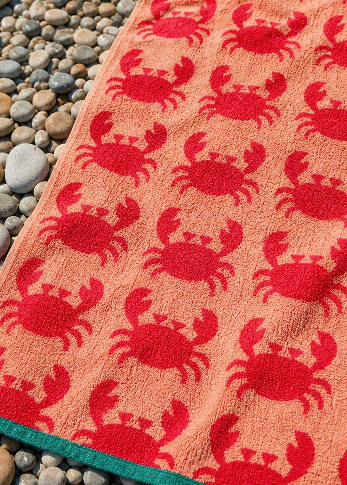 Anorak Crabs Organic Cotton Towel - Coral and blush pink colourway front