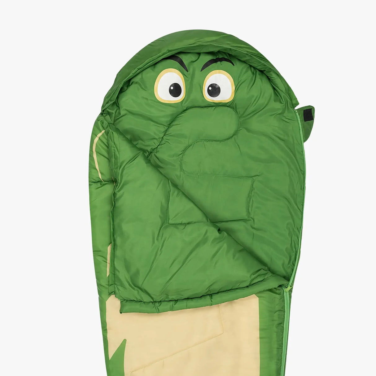 Highlander Creature Kids Mummy Sleeping Bag dinosaur top open on white background