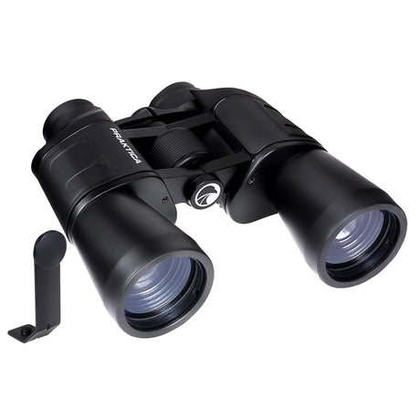 Praktica Falcon 10x50mm Porro Prism Field Binoculars in Black with tripod mount from above on white background