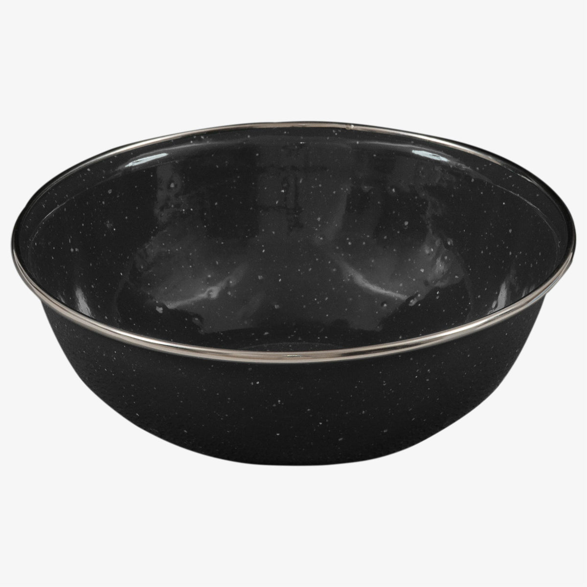 Highlander Deluxe Enamel Vintage Camping Bowl in Black, speckled enamel with metal-trimmed rim