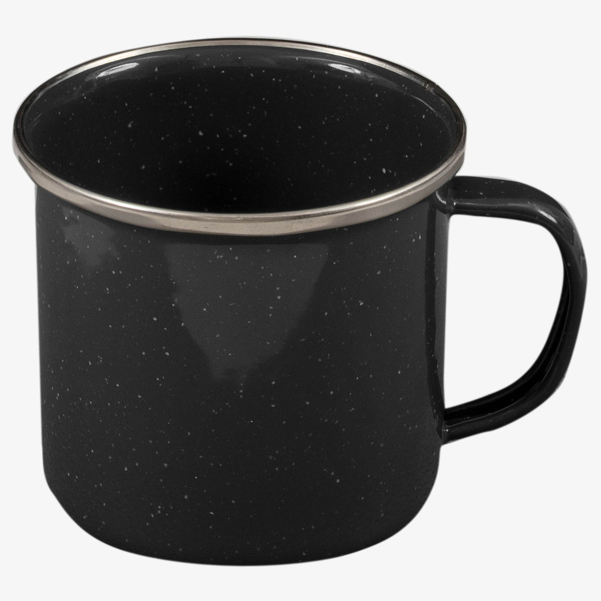 Highlander Deluxe Enamel Vintage Camping Mug in Black, speckled enamel with metal-trimmed rim and enamelled handle
