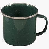 Highlander Deluxe Enamel Vintage Camping Mug in Green, speckled enamel with metal-trimmed rim and enamelled handle