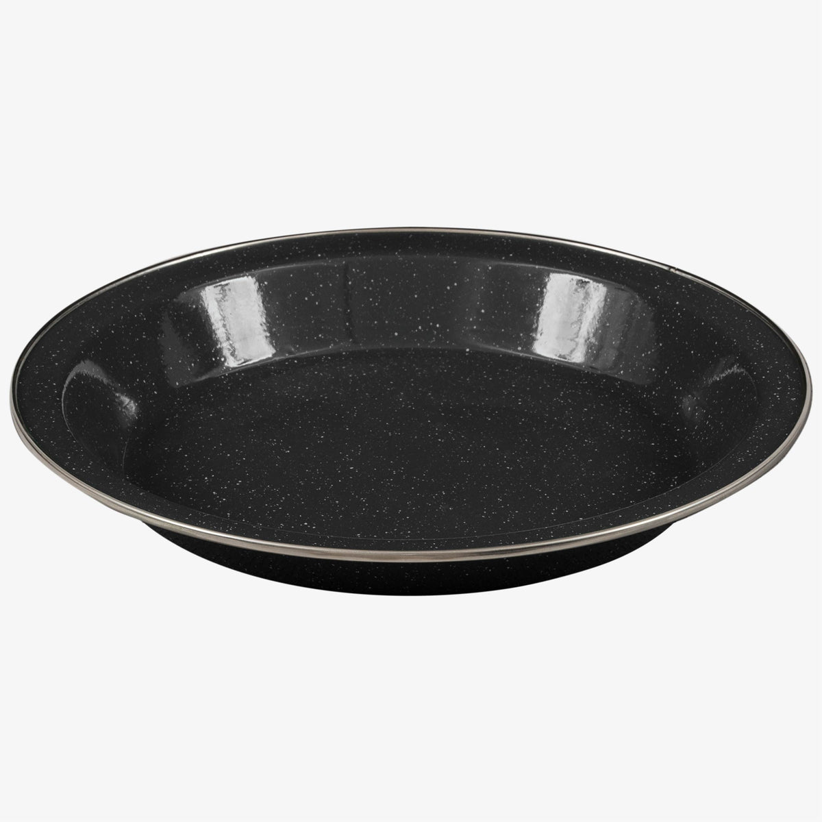 Highlander Deluxe Enamel Vintage Camping Plate in Black, speckled enamel with metal-trimmed rim