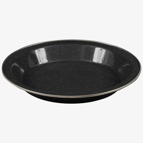 Highlander Deluxe Enamel Vintage Camping Plate in Black, speckled enamel with metal-trimmed rim