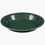 Highlander Deluxe Enamel Vintage Camping Plate in Green, speckled enamel with metal-trimmed rim
