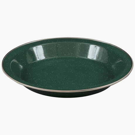 Highlander Deluxe Enamel Vintage Camping Plate in Green, speckled enamel with metal-trimmed rim