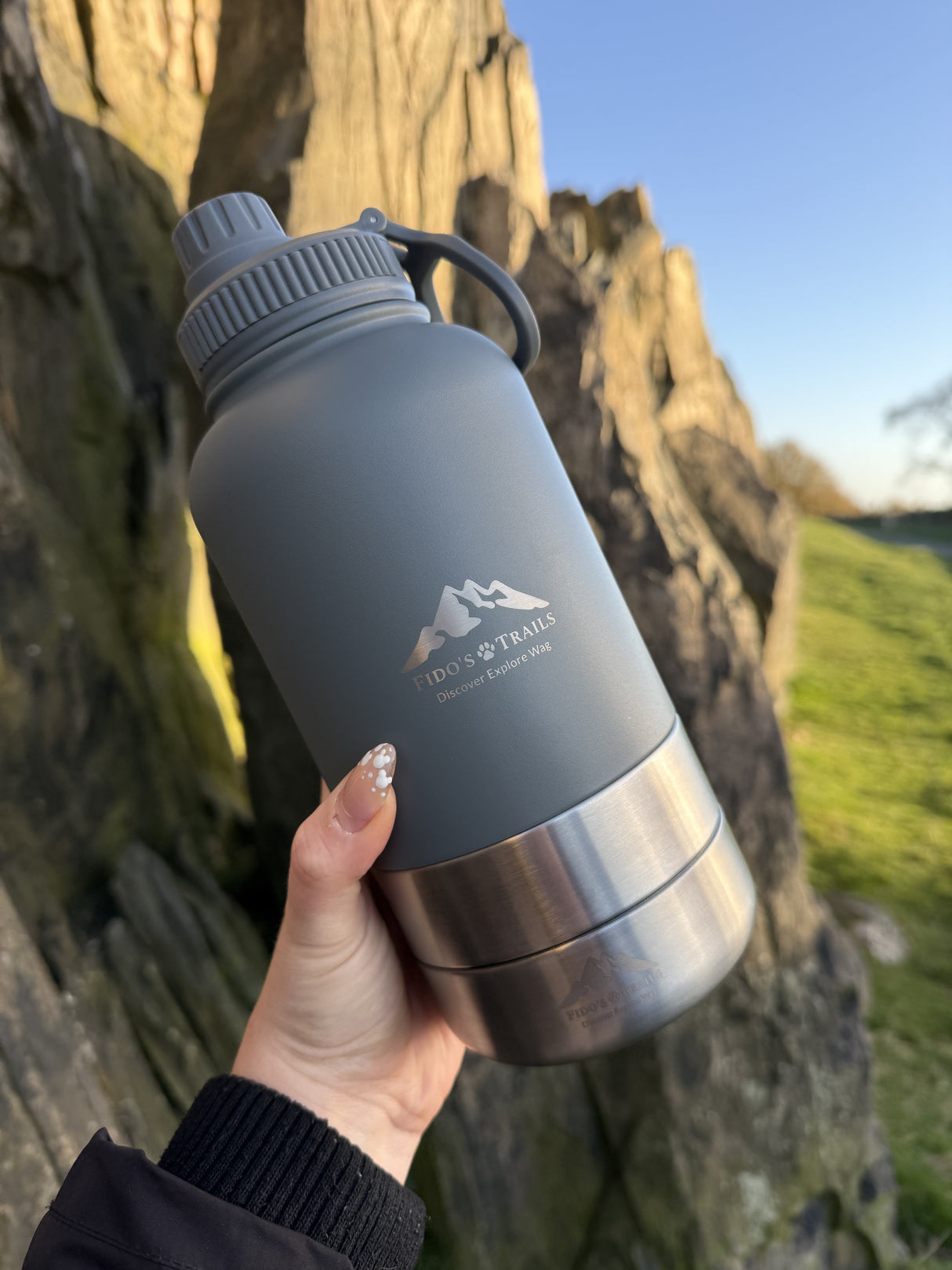 Fido's Trails 3-in-1 Dog Water Bottle | Portable Travel Bottle - Mountain Grey