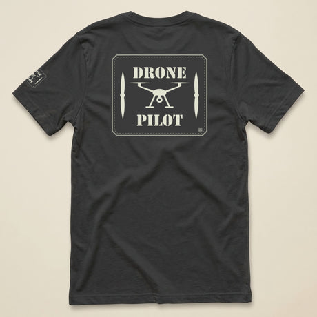 Drone Pilot Double Sided T-Shirt in Dark Grey, laid flat, back view