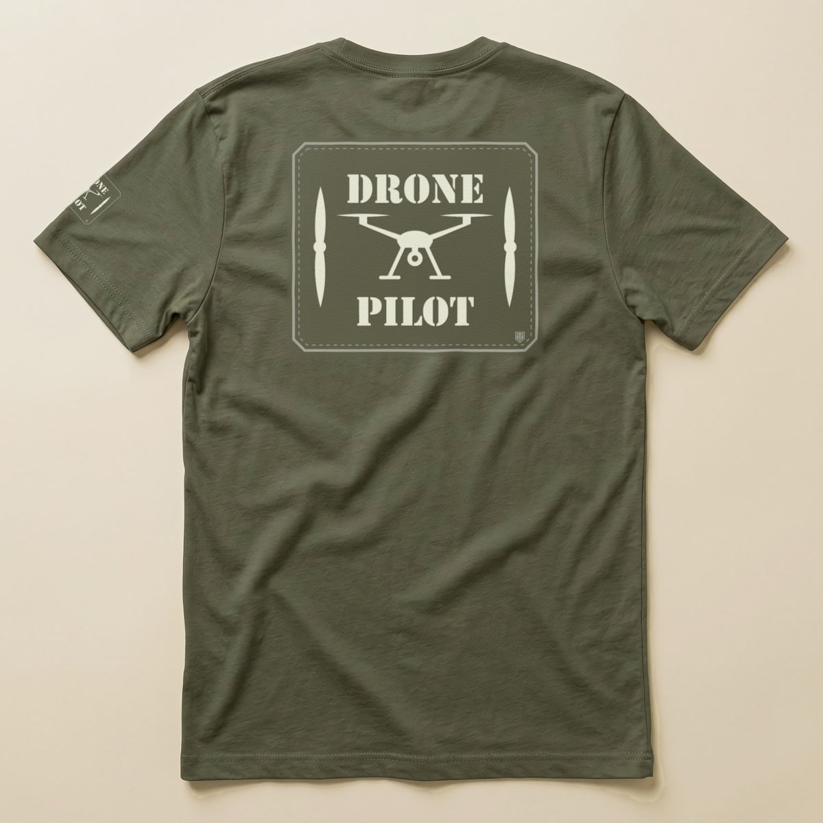 Drone Pilot Double Sided T-Shirt in Military Green, laid flat, back view
