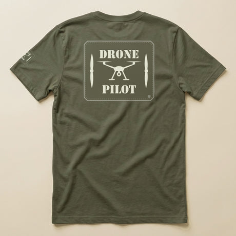 Drone Pilot Double Sided T-Shirt in Military Green, laid flat, back view
