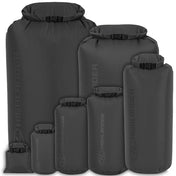 Highlander Lightweight Waterproof Dry Bags in Black - six sizes from 1L to 80L showing roll-top closure and quick-release buckle on white background