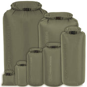 Highlander Lightweight Waterproof Dry Bags in Ranger Green - six sizes from 1L to 80L showing roll-top closure and quick-release buckle on white background