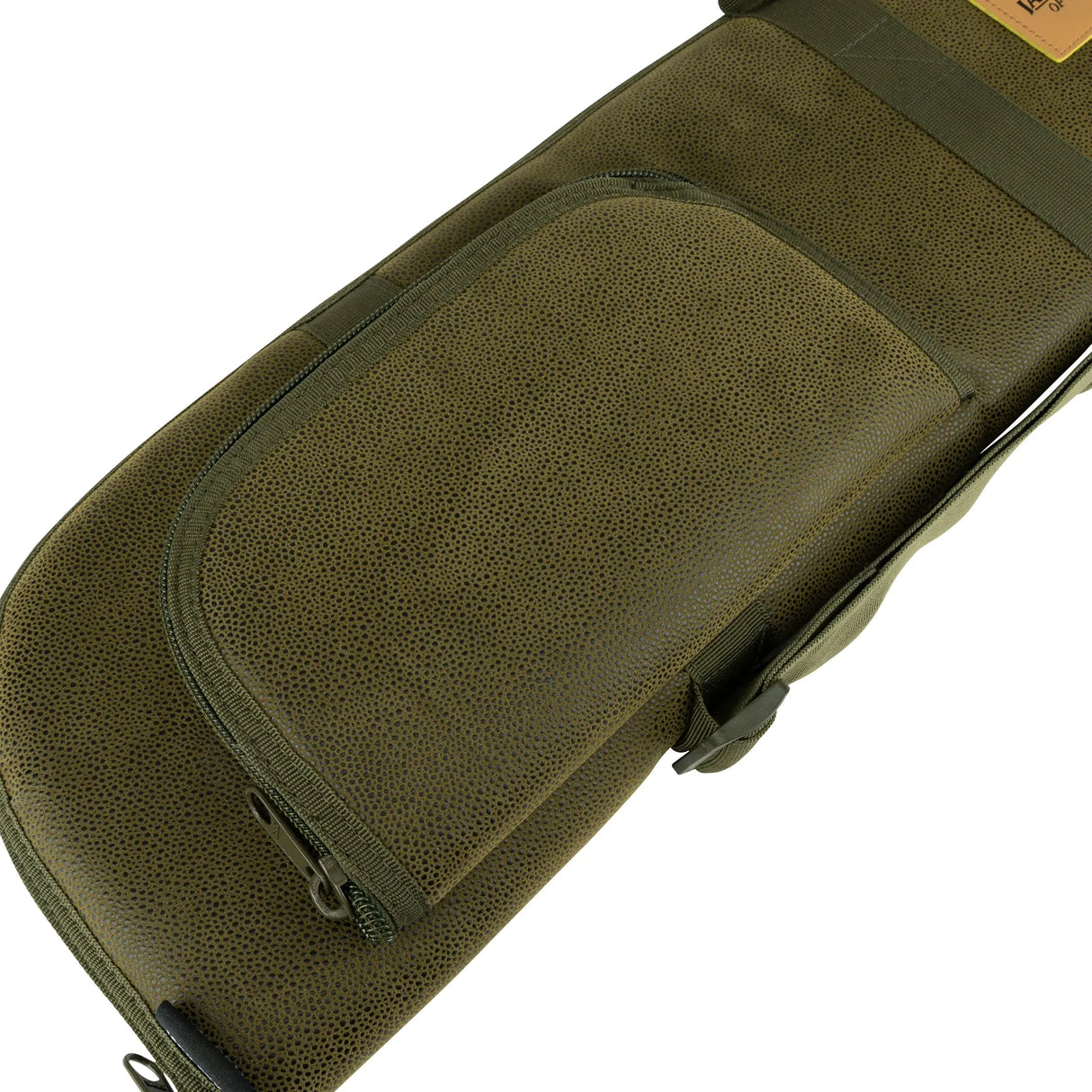 Zipped choke and accessory pouch on the green Jack Pyke Duotex Shotgun Slip, showing the pebbled Duotex grain