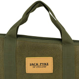 Twin webbing carry handles and the tan leather Jack Pyke of England badge on the green Duotex slip