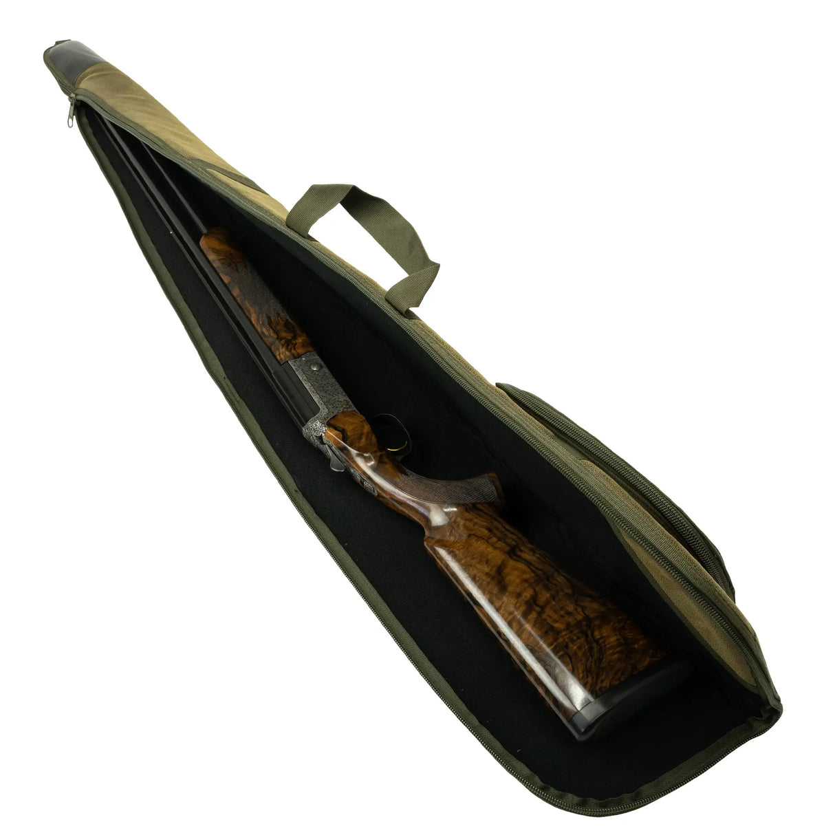 Green Jack Pyke Duotex Shotgun Slip open flat with a shotgun inside on the black padded lining