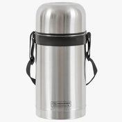 Highlander Duro Food Flask 1L - closed stainless steel food flask showing integrated carry strap and Highlander logo on white background