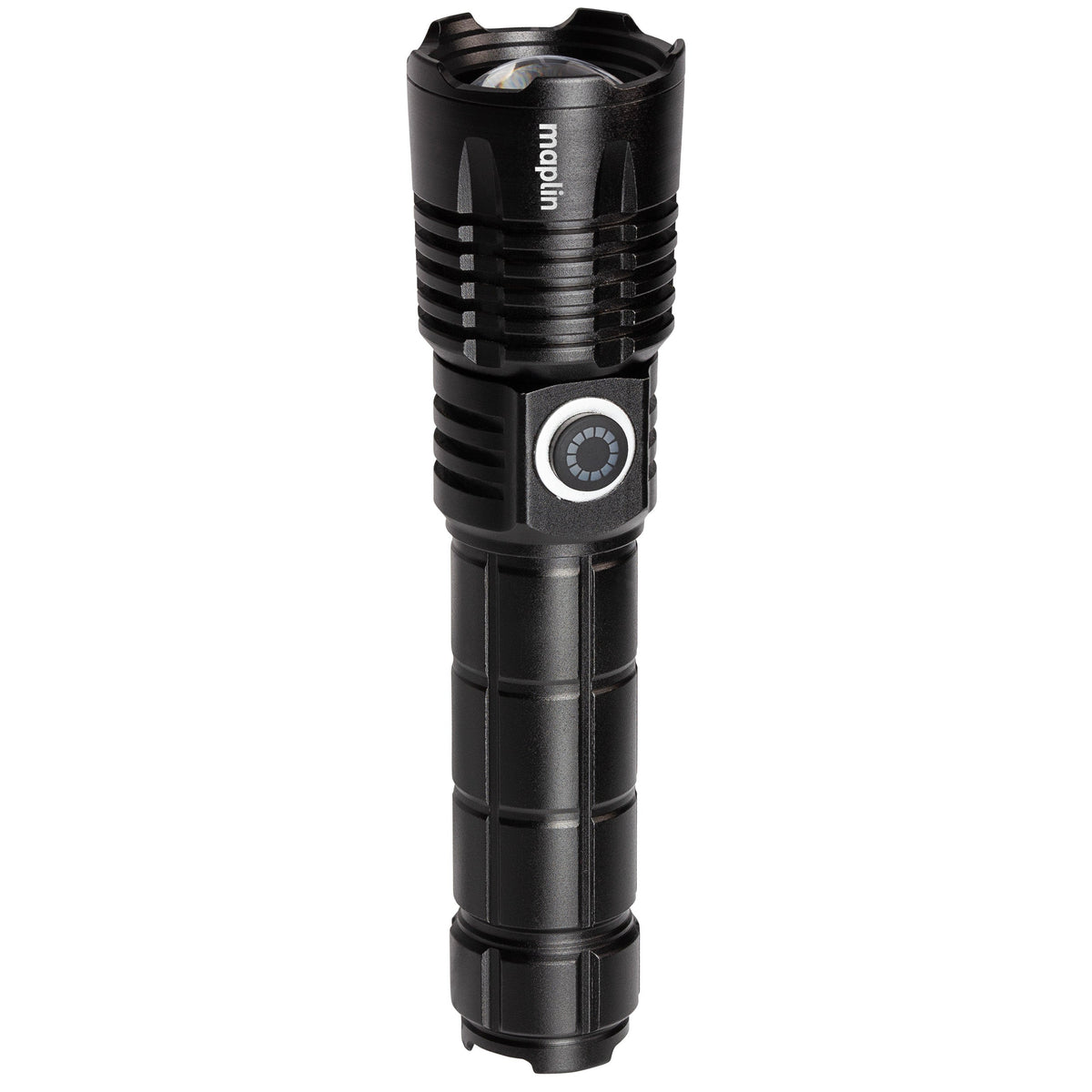 Maplin LED torch standing upright showing the side button and ridged head