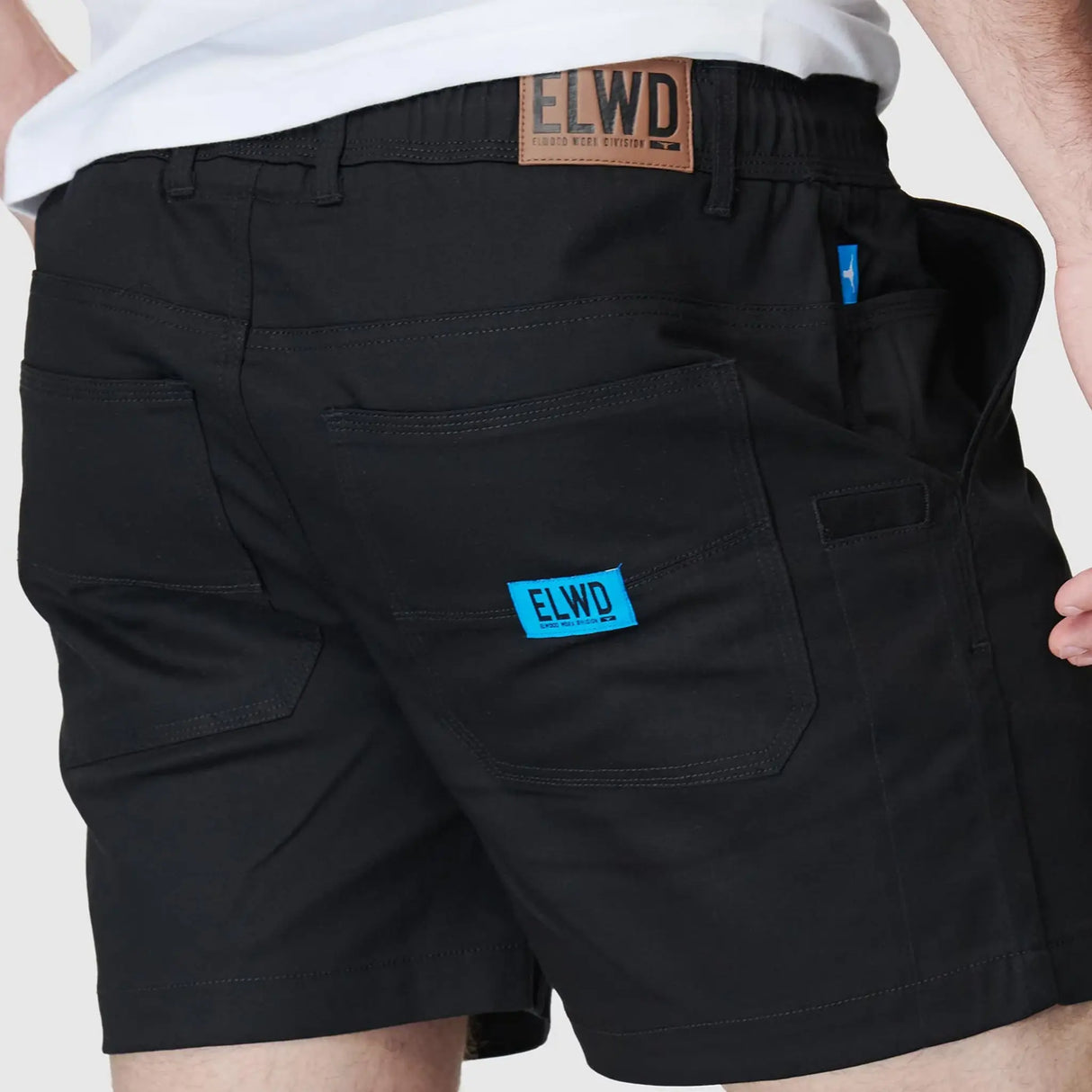 Elwood Men's Elastic Basic Short - Black back waistband and pocket detail with ELWD branding