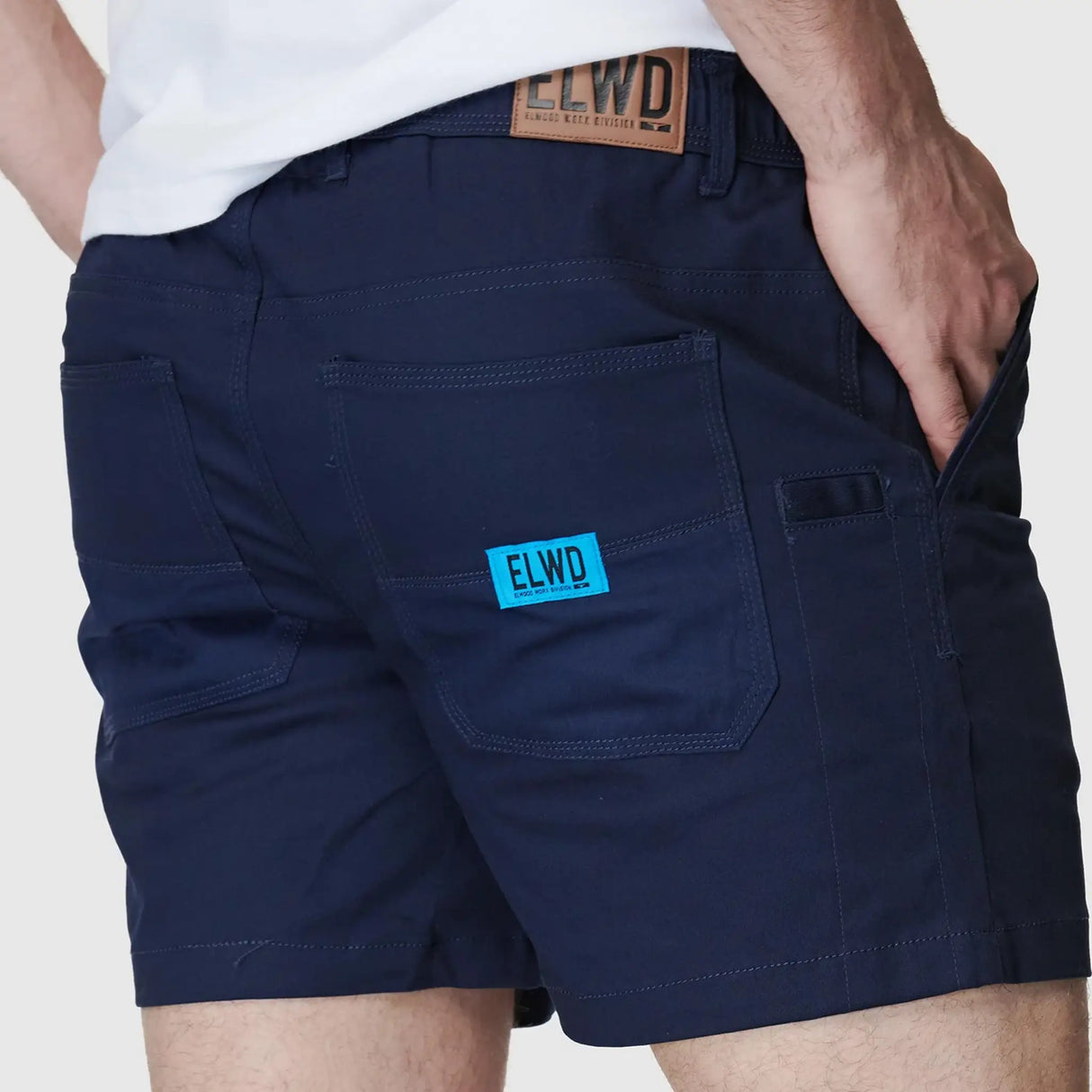 Elwood Men's Elastic Basic Short - Navy back waistband and pocket detail with ELWD branding