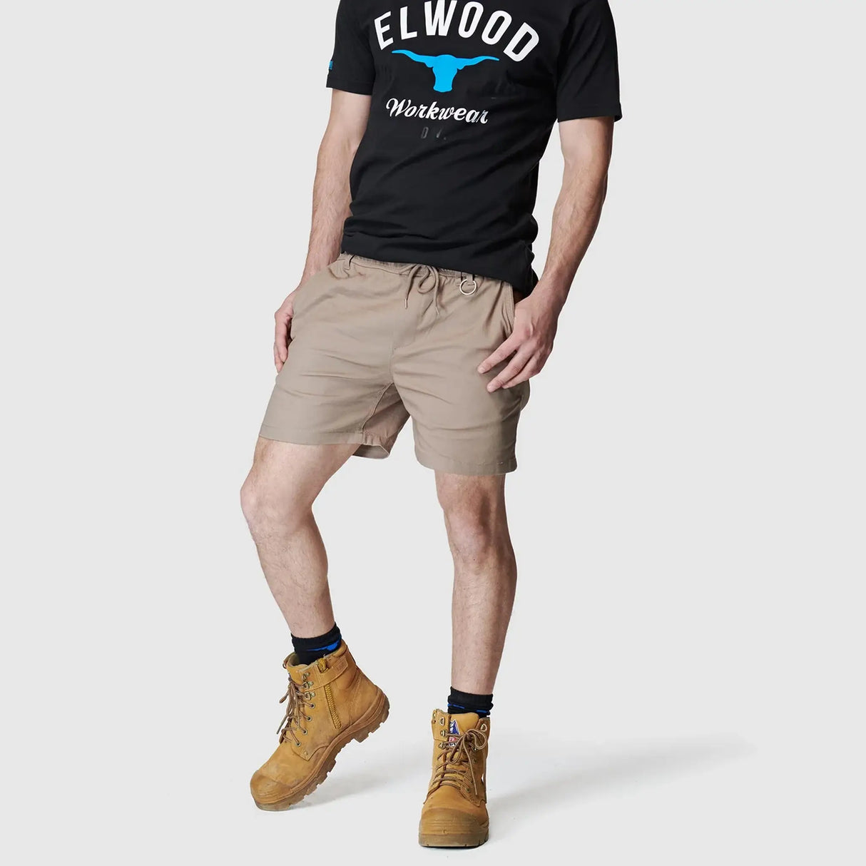 Elwood Men's Elastic Basic Short - Stone front view on model