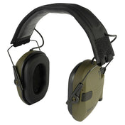 Jack Pyke Electronic Ear Defenders in olive green, three-quarter view showing the padded black headband and mesh microphone port