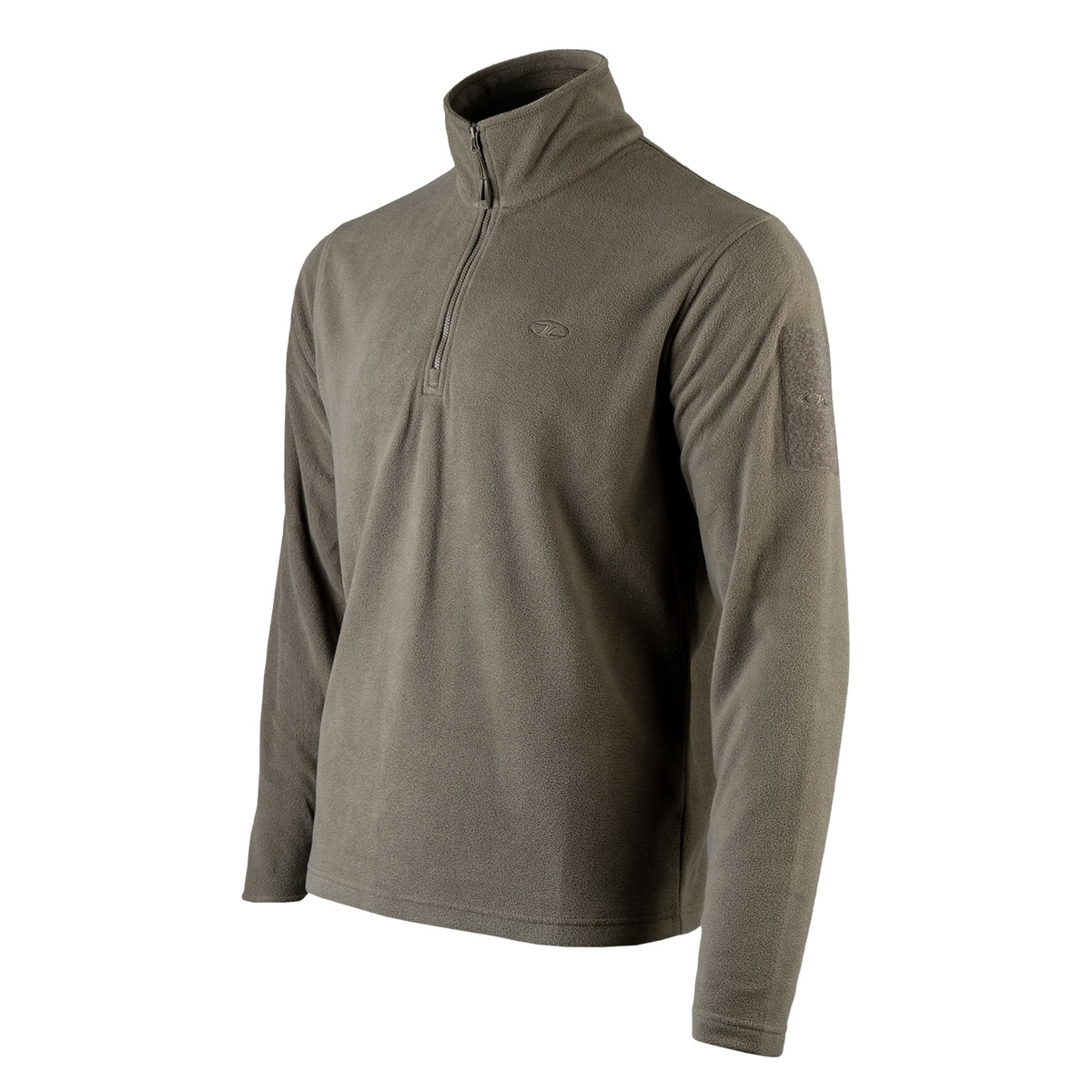 Highlander Tactical Ember Fleece Quarter Zip Top in Ranger Green, angled front view showing the hook-and-loop ID panel on the left sleeve