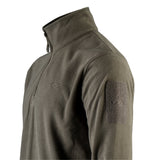 Highlander Tactical Ember Fleece Quarter Zip Top in Ranger Green, close-up of the stand-up collar, zip pull and sleeve ID panel