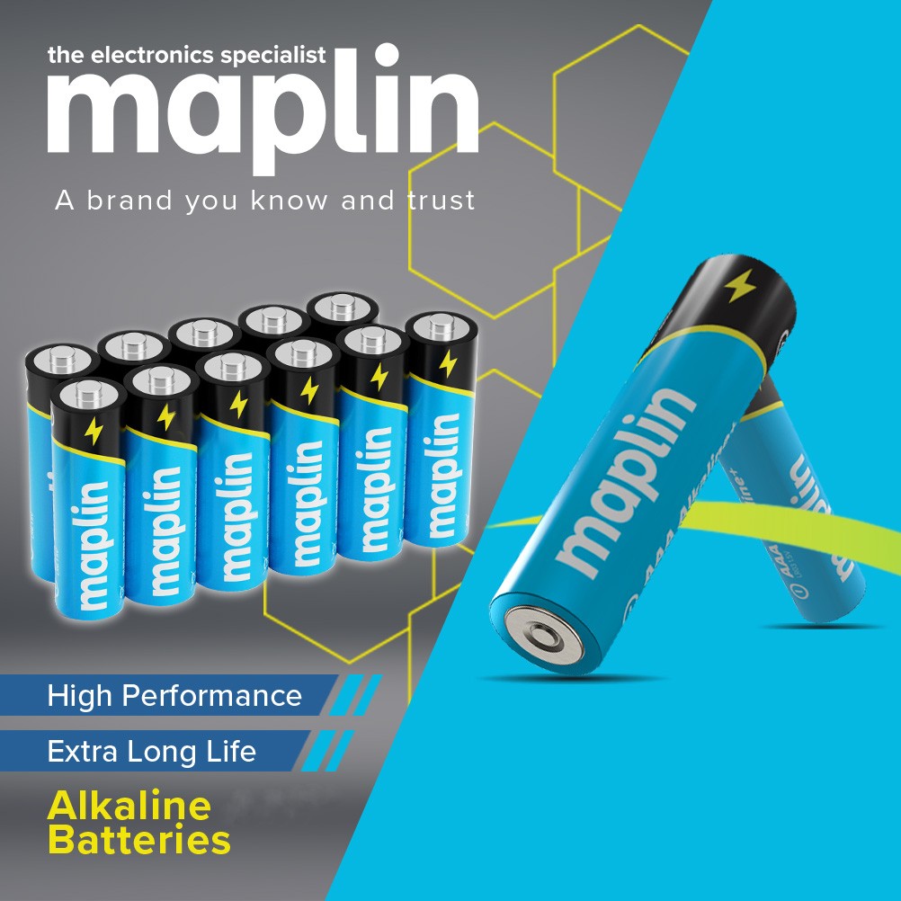 Maplin alkaline batteries graphic: high performance, extra long life