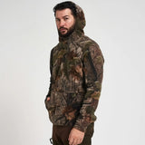 Jack Pyke Fieldman Fleece Hoodie in English Oak Evo Camo from the front left with hood on white background