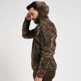 Jack Pyke Fieldman Fleece Hoodie in English Oak Evo Camo from the side on white background