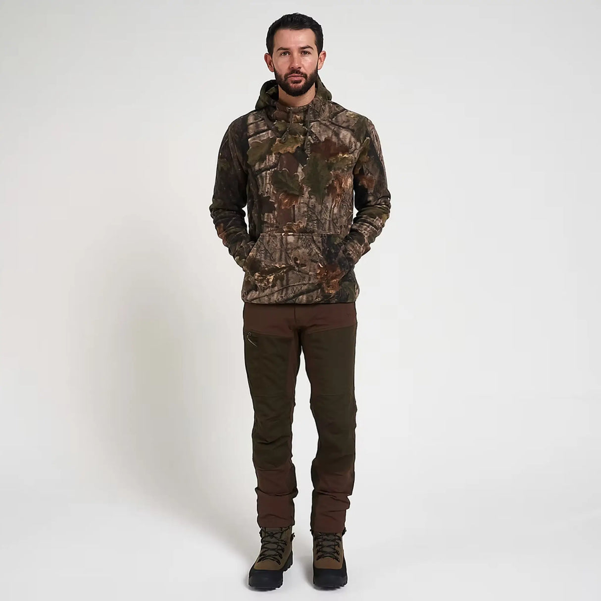 Jack Pyke Fieldman Fleece Hoodie in English Oak Evo Camo from the front at distance on white background